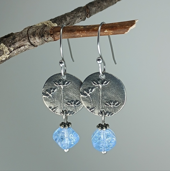 HAND CRAFTED Artisan Pewter Wildflower Earrings Blue Vintage Glass Dangle - Picture 4 of 6